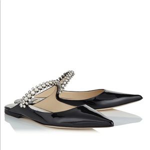 Jimmy Choo Bing Flat Black Patent Leather Mules with Crystal Strap